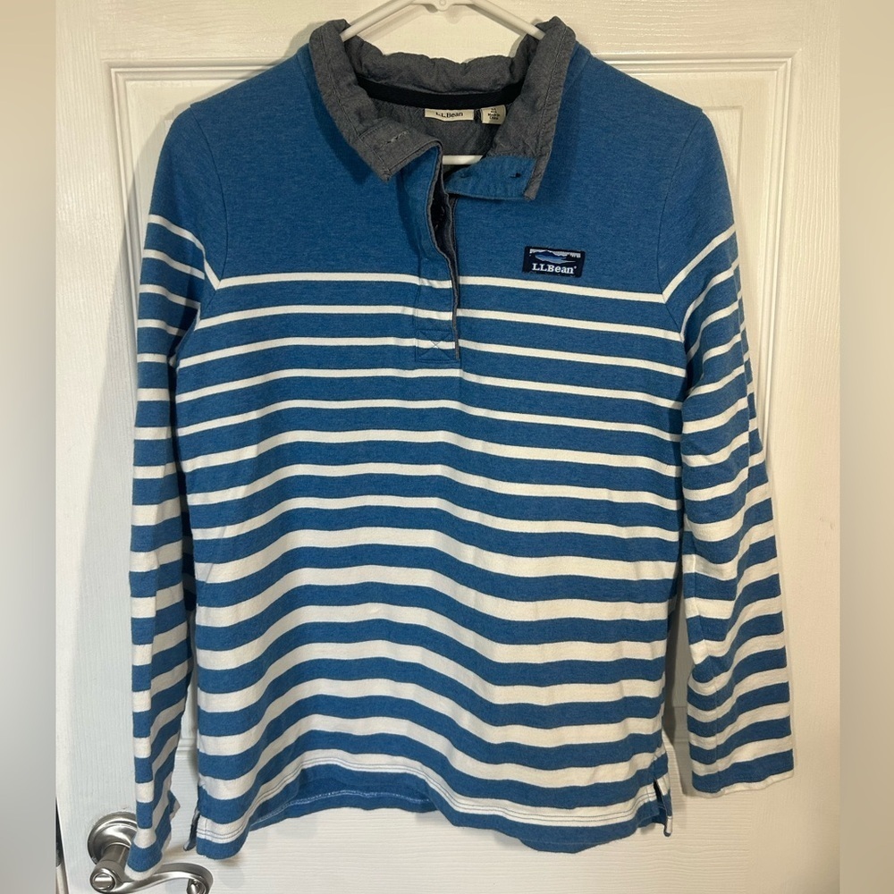 L.L. Bean Blue White Striped Cotton Henley Long Sleeve Size Medium 1/4 Button